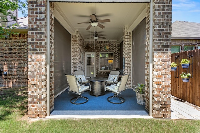 2508 Pioneer Dr, Denton, TX 76210 - view of patio with ceiling fan and an outdoor fire pit