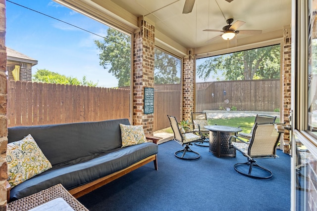2508 Pioneer Dr, Denton, TX 76210 - sunroom with ceiling fan and an outdoor hangout area