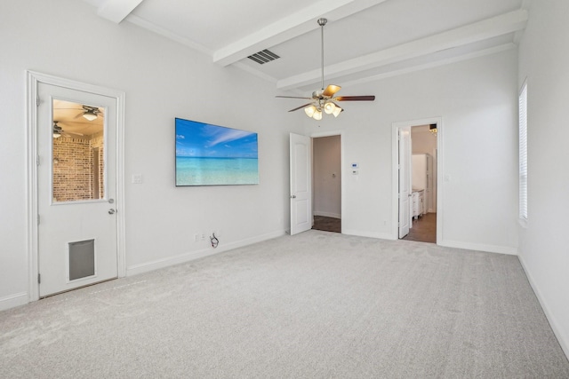 4534 Whispering Lake Dr, Frisco, TX 75036 - unfurnished living room featuring a ceiling fan, beamed ceiling, carpet, and baseboards