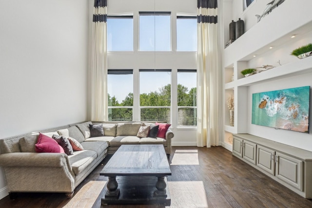 4534 Whispering Lake Dr, Frisco, TX 75036 - living area featuring dark wood-type flooring, a towering ceiling, and baseboards