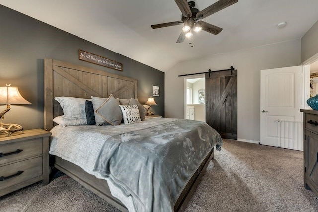 1713 Cattleman St, Van Alstyne, TX 75495 - carpeted bedroom featuring a barn door, vaulted ceiling, baseboards, a ceiling fan, and ensuite bath
