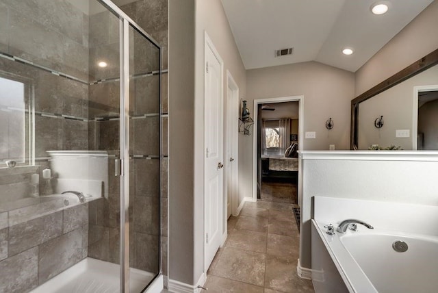 1713 Cattleman St, Van Alstyne, TX 75495 - bathroom with ensuite bathroom, a garden tub, lofted ceiling, a shower stall, and recessed lighting