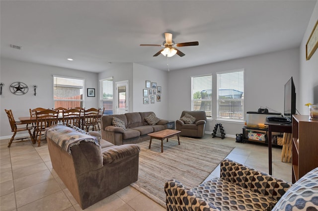 1099 Admiral Dr, Azle, TX 76020 - living room with light tile patterned floors, plenty of natural light, ceiling fan, and recessed lighting