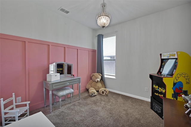 1099 Admiral Dr, Azle, TX 76020 - recreation room with a decorative wall, a chandelier, carpet floors, and a wainscoted wall