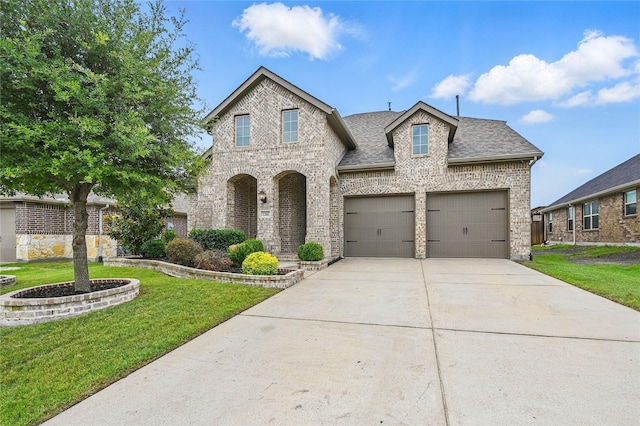 1306 Torrington Ln, Forney, TX 75126 - french provincial home with a front yard, brick siding, concrete driveway, a shingled roof, and an attached garage