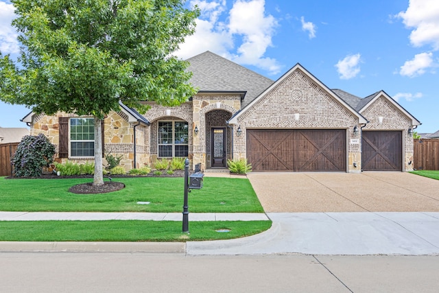 1412 Siena Ln, Rockwall, TX 75032 - french country home featuring an attached garage, brick siding, concrete driveway, a shingled roof, and stone siding