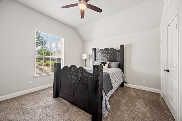 1412 Siena Ln, Rockwall, TX 75032 - carpeted bedroom featuring vaulted ceiling, baseboards, and ceiling fan