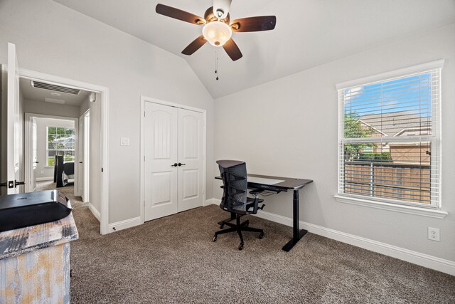 1412 Siena Ln, Rockwall, TX 75032 - office featuring carpet floors, ceiling fan, lofted ceiling, and baseboards