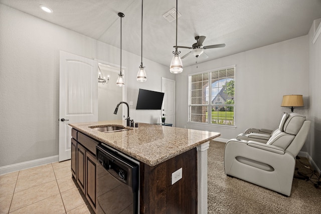 1412 Siena Ln, Rockwall, TX 75032 - kitchen with dishwasher, a sink, baseboards, a ceiling fan, and a textured ceiling