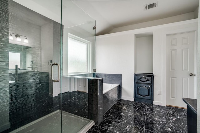 1467 Norfolk Ct, Allen, TX 75002 - bathroom featuring a bath, a shower stall, marble tiled floors, and lofted ceiling