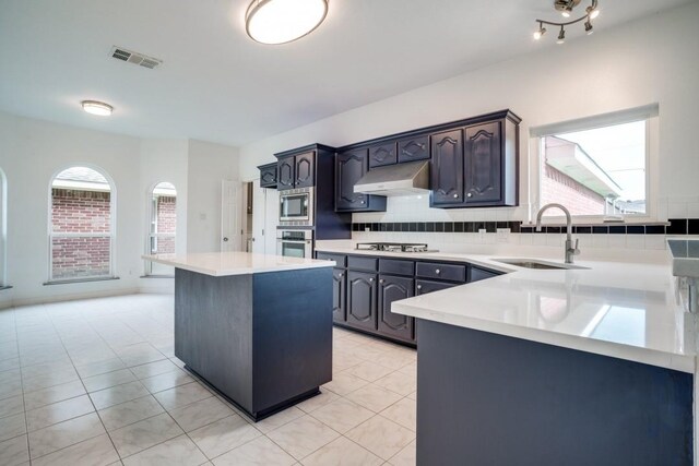 1467 Norfolk Ct, Allen, TX 75002 - kitchen featuring a sink, under cabinet range hood, stainless steel appliances, a kitchen island, and light countertops