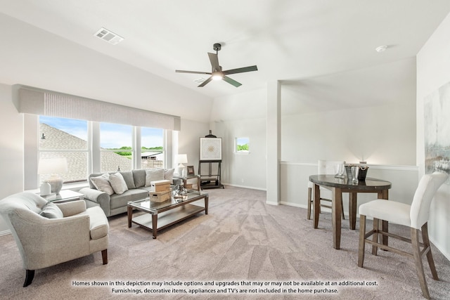 2503 Jennifer Ln, Mansfield, TX 76063 - living room with a ceiling fan, carpet floors, baseboards, and vaulted ceiling