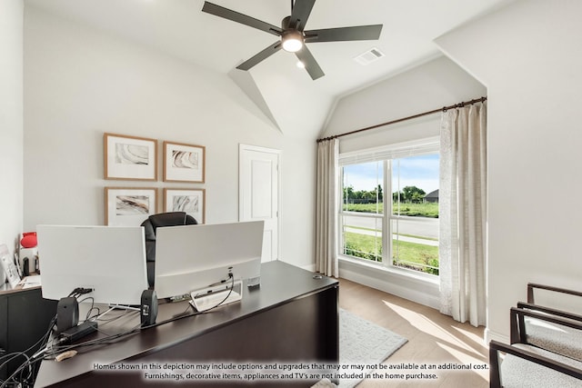2503 Jennifer Ln, Mansfield, TX 76063 - office area featuring a ceiling fan, wood finished floors, vaulted ceiling, and baseboards