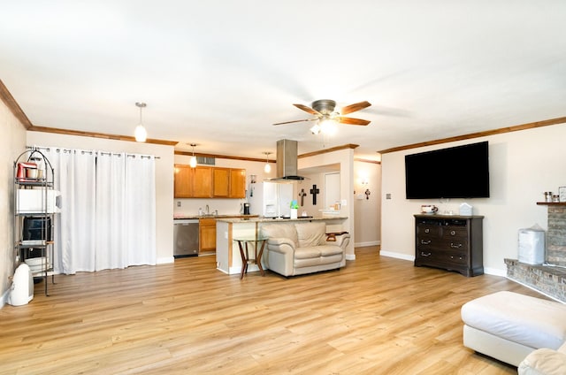1502 Santa Fe Trl, Grand Prairie, TX 75052 - living area with crown molding, a ceiling fan, light wood finished floors, and baseboards