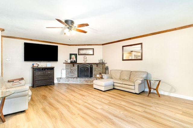 1502 Santa Fe Trl, Grand Prairie, TX 75052 - living room with a ceiling fan, wood finished floors, baseboards, a brick fireplace, and ornamental molding