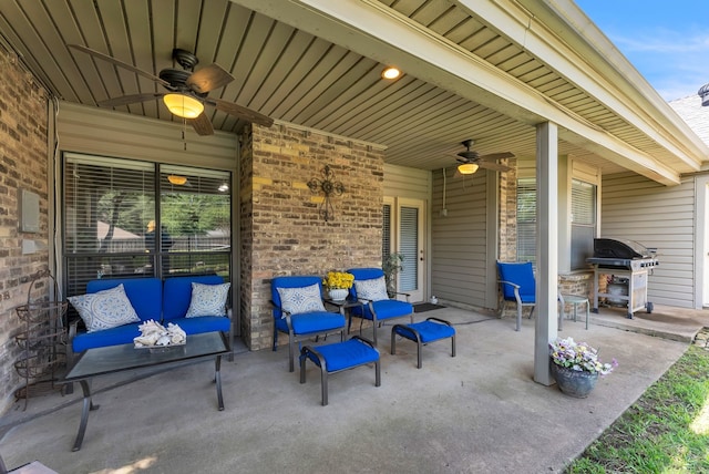 227 Meadowlark Ln, Duncanville, TX 75137 - view of patio / terrace with ceiling fan, an outdoor hangout area, and area for grilling