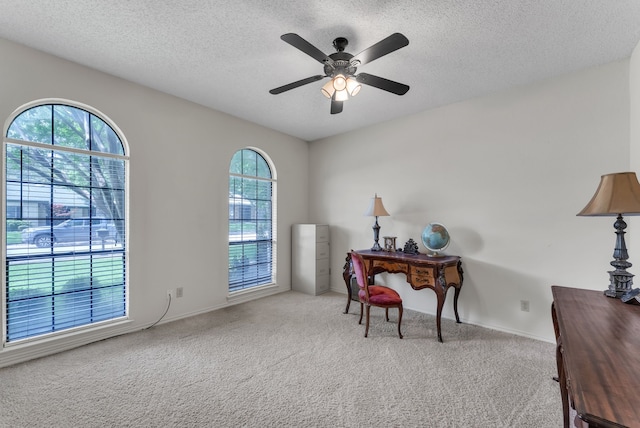 227 Meadowlark Ln, Duncanville, TX 75137 - carpeted office with a textured ceiling, ceiling fan, and baseboards