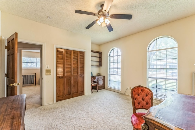 227 Meadowlark Ln, Duncanville, TX 75137 - home office featuring a textured ceiling, carpet, plenty of natural light, and ceiling fan