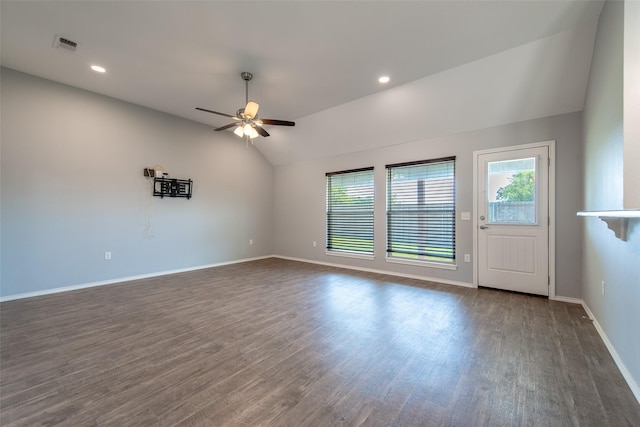 107 Oliver Wendell Ct, Mount Vernon, TX 75457 - empty room featuring lofted ceiling, dark wood-type flooring, a ceiling fan, baseboards, and recessed lighting