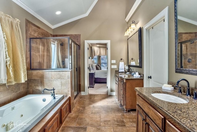 1010 Toledano Cir, Shreveport, LA 71106 - bathroom with a shower stall, a jetted tub, two vanities, ornamental molding, and lofted ceiling