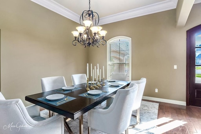 1010 Toledano Cir, Shreveport, LA 71106 - dining space with crown molding, a chandelier, baseboards, and wood finished floors