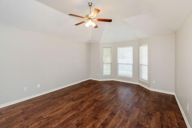 1408 Tartan Dr, Allen, TX 75013 - unfurnished room featuring lofted ceiling, dark wood finished floors, a ceiling fan, and baseboards