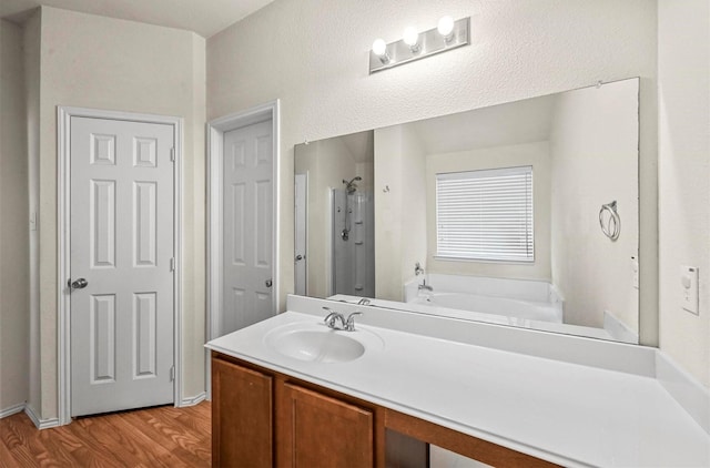 405 Cypress Hill Dr, Mckinney, TX 75071 - full bath featuring a garden tub, wood finished floors, a shower stall, and vanity