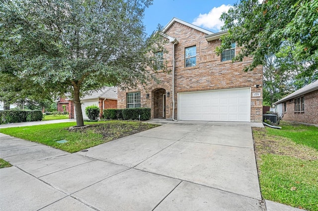 405 Cypress Hill Dr, Mckinney, TX 75071 - traditional home with concrete driveway, an attached garage, a front yard, brick siding, and central air condition unit