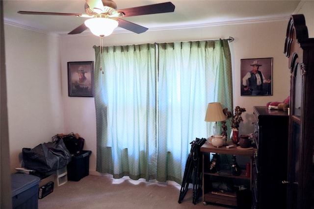 307 Cedar St, Palo Pinto, TX 76484 - sitting room with carpet flooring, a ceiling fan, and ornamental molding