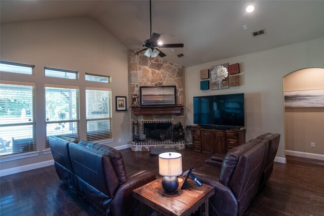 665 Amanda Lee, Combine, TX 75159 - living area featuring a ceiling fan, wood finished floors, a large fireplace, baseboards, and high vaulted ceiling