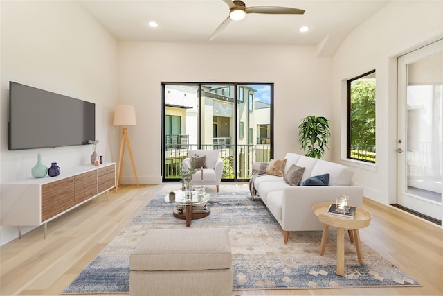 7844 Secluded Ave, Plano, TX 75024 - living room featuring light wood-style flooring, ceiling fan, and recessed lighting