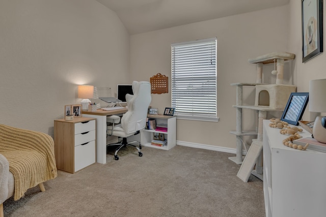 111 Ladonna Ct, Decatur, TX 76234 - home office with light carpet, lofted ceiling, and baseboards