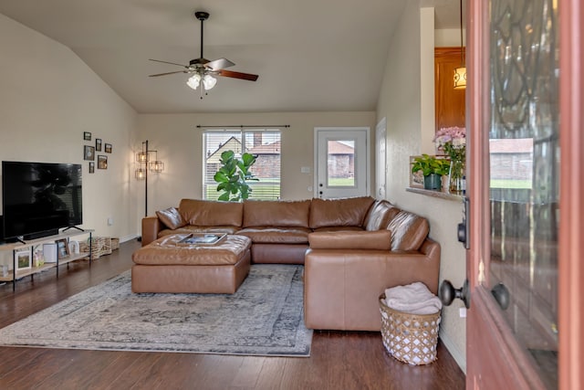111 Ladonna Ct, Decatur, TX 76234 - living area with lofted ceiling, a ceiling fan, and wood finished floors