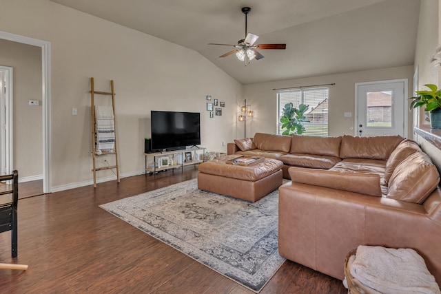 111 Ladonna Ct, Decatur, TX 76234 - living area featuring lofted ceiling, a ceiling fan, dark wood-style floors, and baseboards