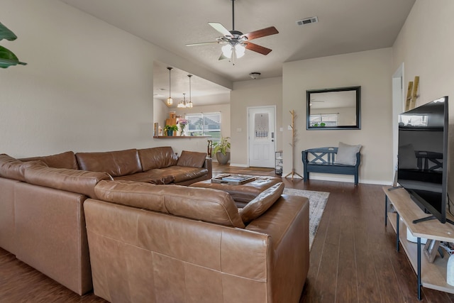 111 Ladonna Ct, Decatur, TX 76234 - living room with a ceiling fan, dark wood-style floors, and baseboards