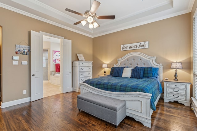 3308 Linkwood, The Colony, TX 75056 - bedroom with ornamental molding, wood finished floors, a raised ceiling, ensuite bath, and ceiling fan