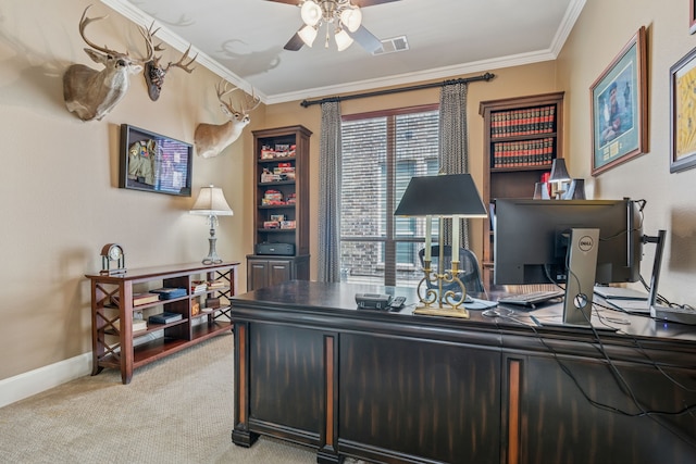 3308 Linkwood, The Colony, TX 75056 - office area featuring ornamental molding, ceiling fan, light carpet, and baseboards