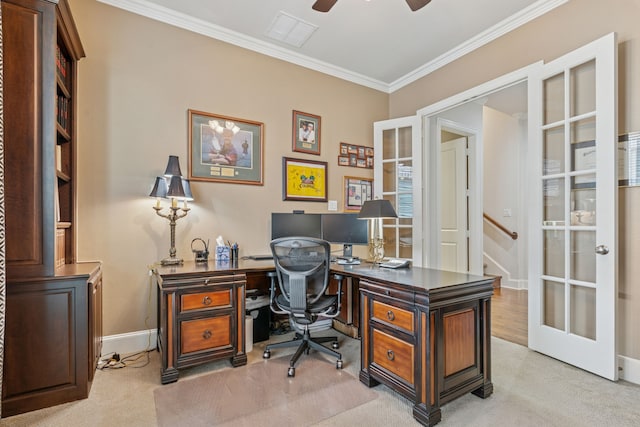 3308 Linkwood, The Colony, TX 75056 - office area with ornamental molding, carpet, ceiling fan, baseboards, and french doors