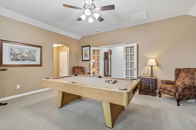 3308 Linkwood, The Colony, TX 75056 - rec room featuring lofted ceiling, light colored carpet, arched walkways, baseboards, and billiards table