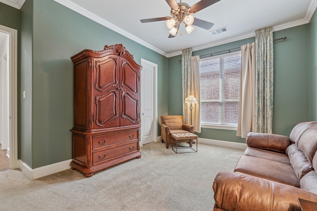 3308 Linkwood, The Colony, TX 75056 - sitting room featuring light colored carpet, ornamental molding, and ceiling fan