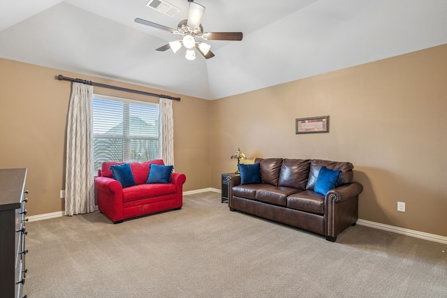 3308 Linkwood, The Colony, TX 75056 - living room with lofted ceiling, carpet flooring, ceiling fan, and baseboards