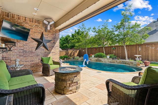 3308 Linkwood, The Colony, TX 75056 - view of pool featuring an outdoor fire pit, a fenced backyard, and a patio