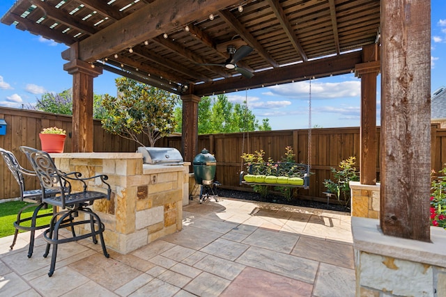 3308 Linkwood, The Colony, TX 75056 - fenced backyard with a patio, ceiling fan, and a pergola