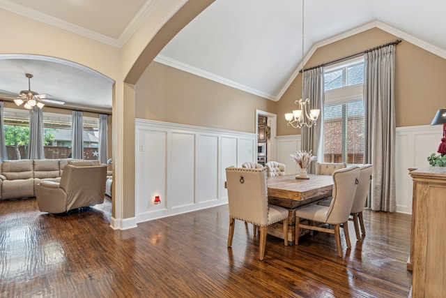 3308 Linkwood, The Colony, TX 75056 - dining area with a decorative wall, wainscoting, dark wood-type flooring, a ceiling fan, and arched walkways