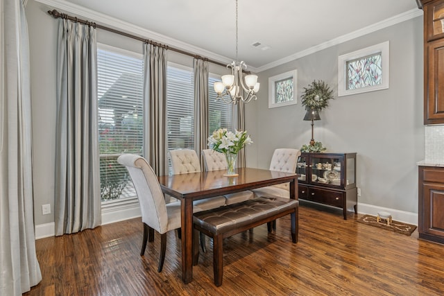 3308 Linkwood, The Colony, TX 75056 - dining space with a chandelier, baseboards, dark wood-style flooring, plenty of natural light, and ornamental molding