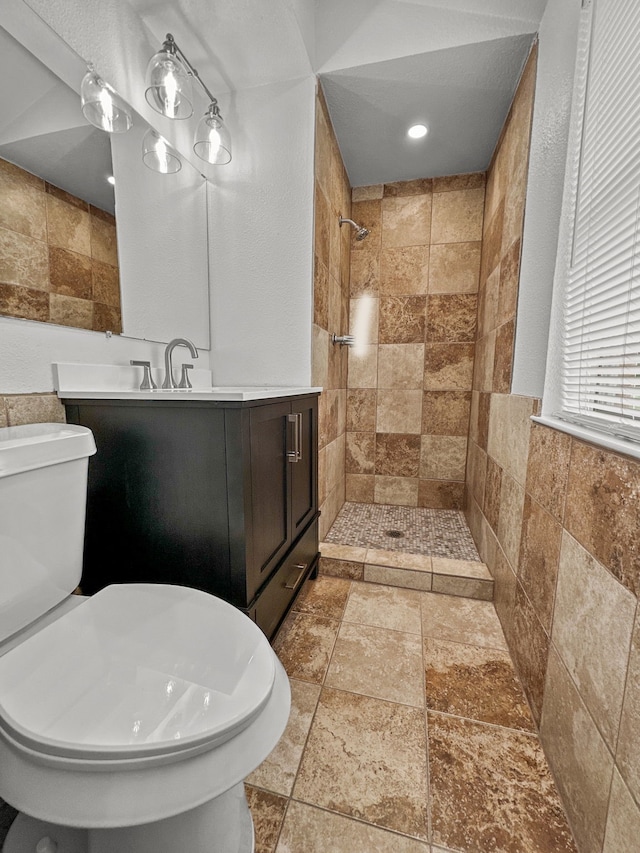 3837 Finley Rd, Irving, TX 75062 - full bathroom featuring toilet, stone tile floors, vanity, and a tile shower