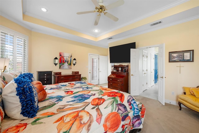 226 Northline Rd, Teague, TX 75860 - bedroom featuring ornamental molding, light colored carpet, a tray ceiling, recessed lighting, and a ceiling fan