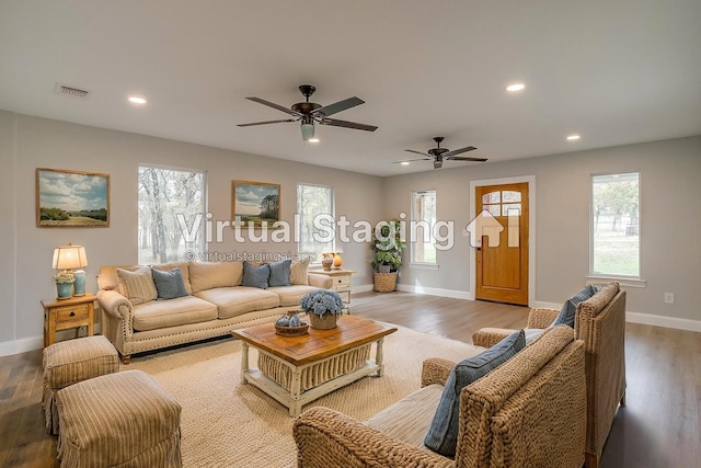 890 Nash Ln, Lipan, TX 76462 - living room featuring recessed lighting, ceiling fan, wood finished floors, and baseboards