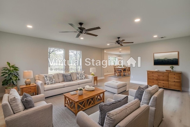 890 Nash Ln, Lipan, TX 76462 - living room featuring recessed lighting, light wood-style flooring, a ceiling fan, and baseboards