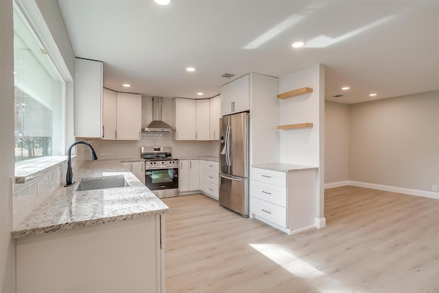 890 Nash Ln, Lipan, TX 76462 - kitchen with stainless steel appliances, wall chimney range hood, a sink, open shelves, and light stone counters